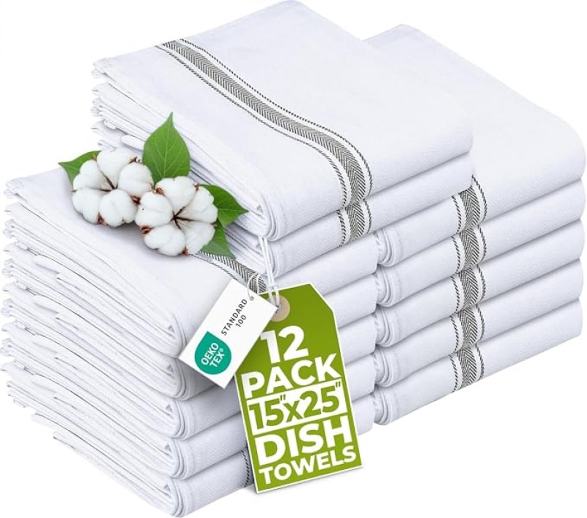 Theedoeken set van 12 – 38 x 64 cm – 100% ringgesponnen katoen – superabsorberend – grijs gestreept – herbruikbare keukendoeken