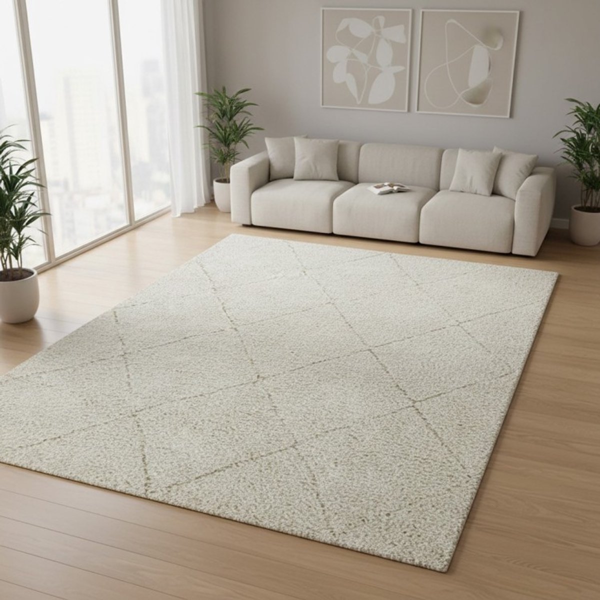 TapisTrend Harig tapijt Crème 200x290 cm Hoogpolig vloerkleed met een groot ruitpatroon voor de woonkamer, slaapkamer en ontspanningsruimte Beige