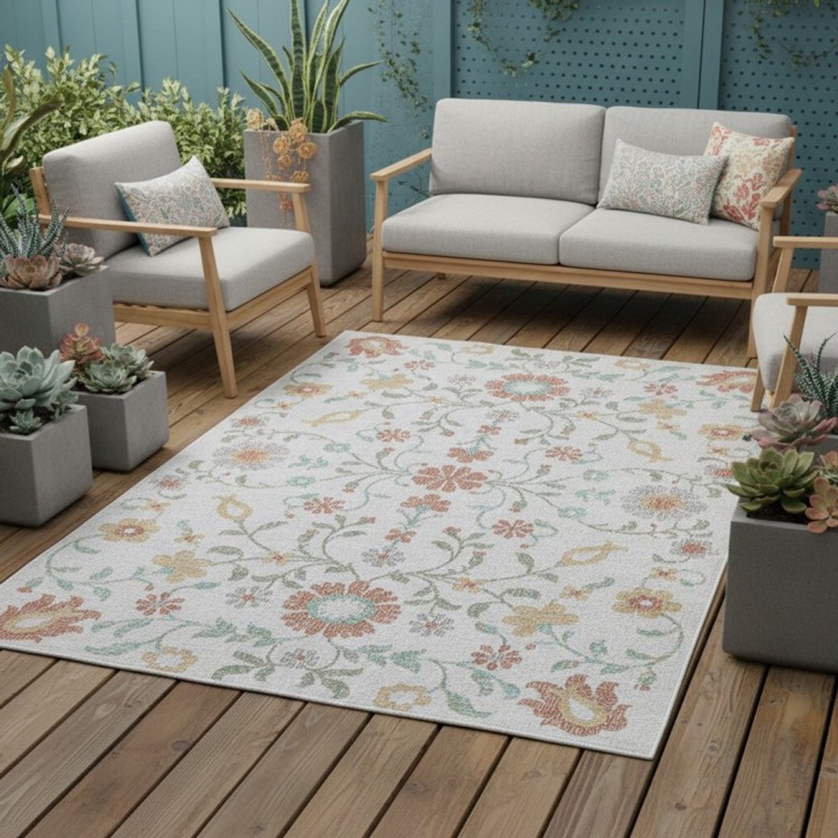 TapisTrend Buiten- en terraskleden Crème 80x150 cm Crèmekleurig vintage vloerkleed met bloemenprint, geschikt voor binnen en, bijvoorbeeld in de woonkamer, op het terras Beige