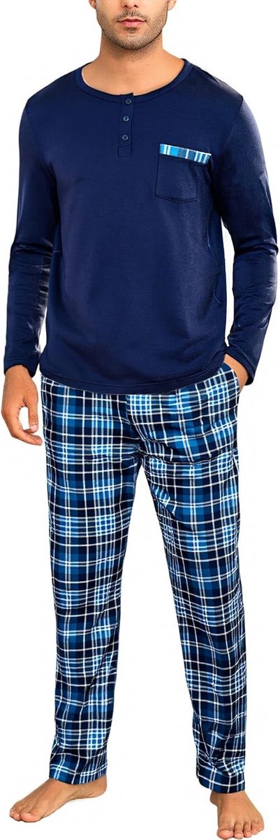 Pyjama heren lange pyjama katoen tweedelige nachtkleding set mannen winter ronde hals met borstzak