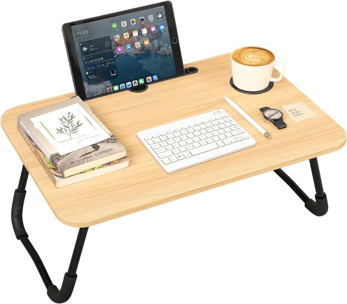 Desk voor Laptop Bed Tafelblad met Vouwpoten Hout Kleine Lap Tafel met Cup en Tablet Houders Draagbare Lap Tray Bureaus voor Bank Bank Eten Lezen Werken