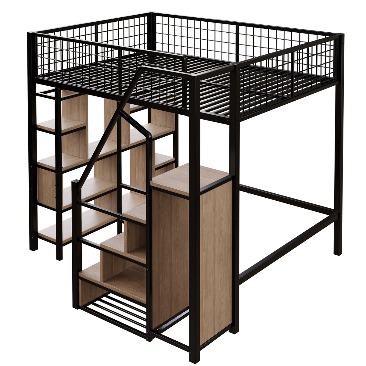 Hoogslaper - Multifunctionele hoogslaper - Metalen hoogslaper met trap - Met opbergruimte - Ruimtebesparend - 114kg - 140x200 - Slaapkamer - Zwart-zonder matras