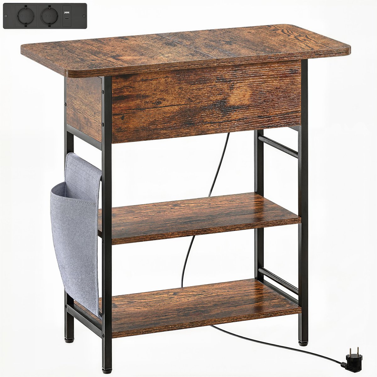 Homona Bijzettafel met stopcontact en USB-aansluitingen - Met opbergvak en 2 legplanken - 60 x 29,8 x 58,5 cm - Rustiek bruin