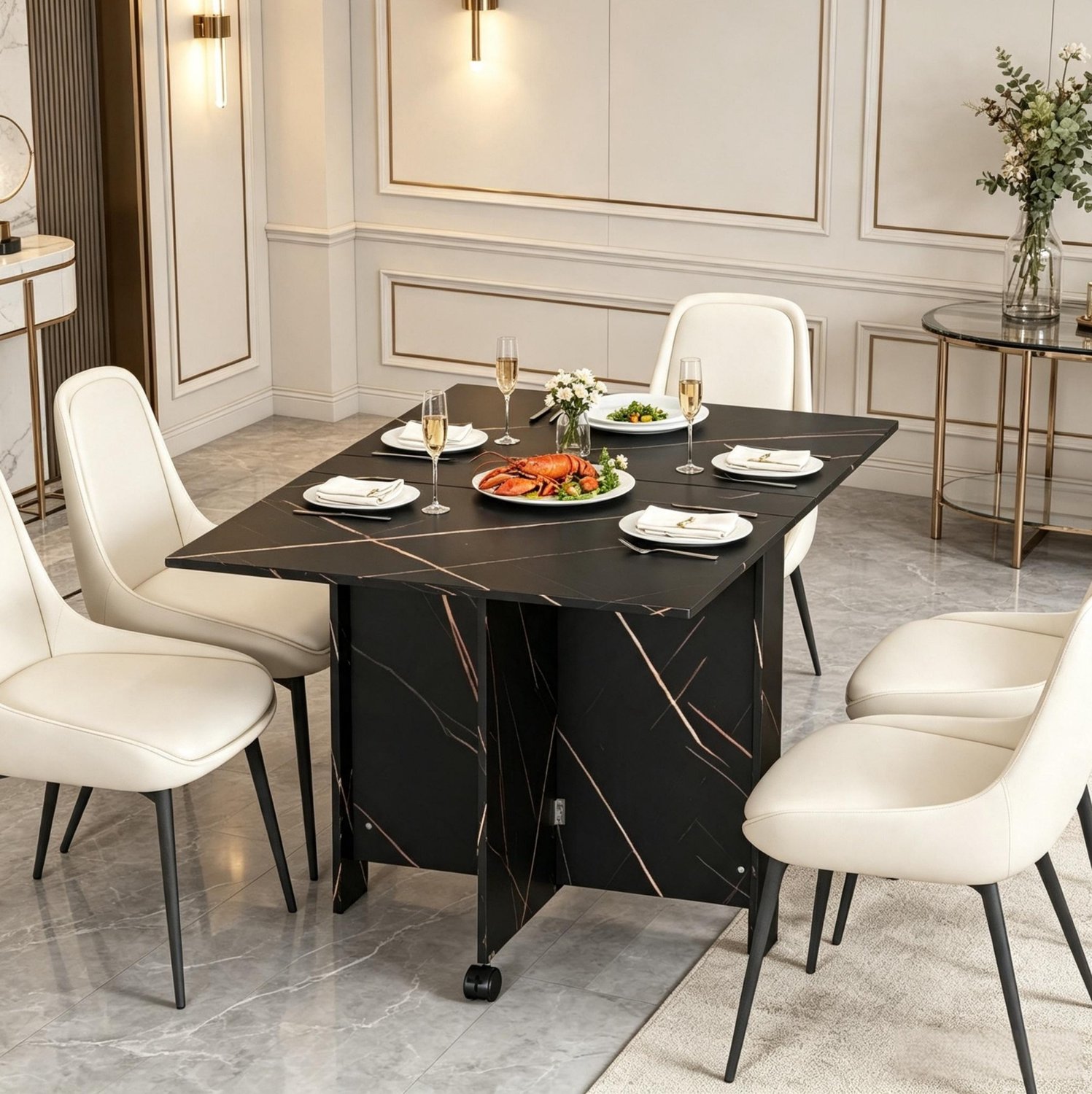 DESMIU Opklapbare Eettafel - Uitschuifbaar Met Vergrendelbare Wielen - Voor Keuken En Woonkamer - Zwarte Marmerlook - 120x80x73 Cm
