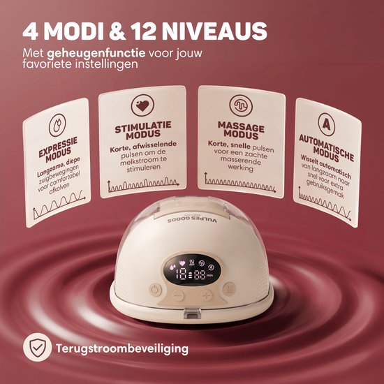 Vulpes Goods® BabyCare – Elektrische Borstkolf Elite V2 - Handsfree Borstkolf - Dubbele Draadloze Borstkolf - Warmtecompressie (35 & 40°C) - BPA-Vrij - 4 Modi & 12 Niveaus - App - Incl. Reiskoffer, Borstschildverkleiners & 60 Bewaarzakjes — afbeelding 5