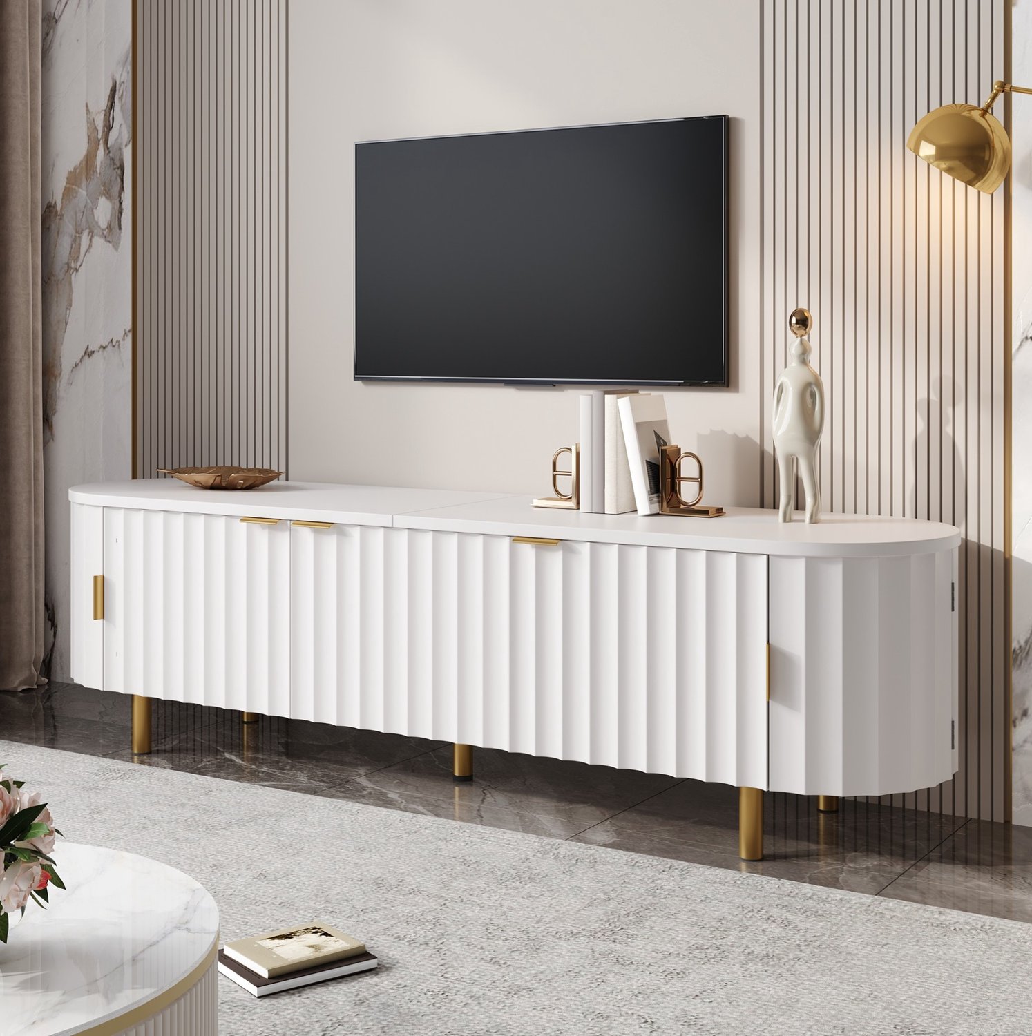 DESMIU TV-Meubel - MDF Met 5 Deuren En Geribbelde Fronten - Moderne Opbergruimte Voor Woonkamer - IJzer - Wit - 170x40x47 Cm