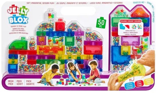 Jelly Blox Mega Pack met 50 zachte, rekbare en transparante bouwblokken gevuld met kleurrijke kraaltjes.