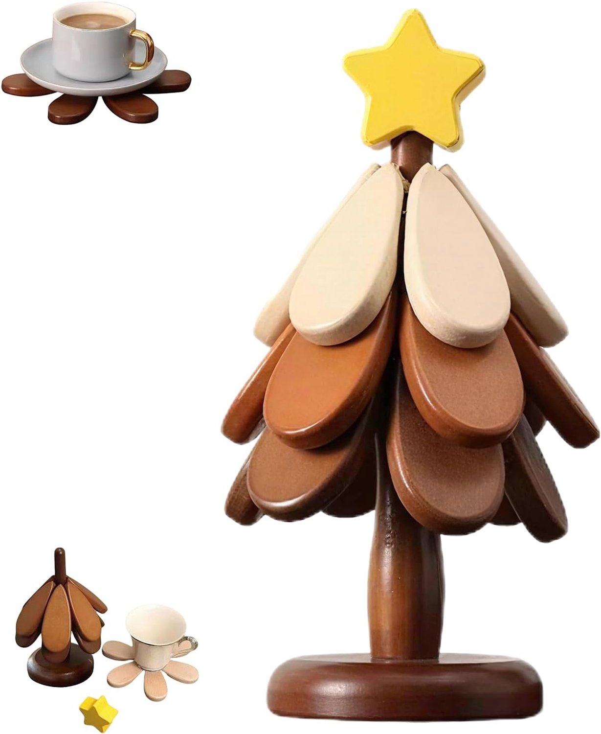 Onderzetter - Houten Boomvormige Onderzetter Set - Opvouwbaar en Hittebestendig - Antislip Placemat voor Theepotten en Hete Pannen - Geschikt voor Keuken en Tafel - Kleine Ster Stijl - 3 Stuks