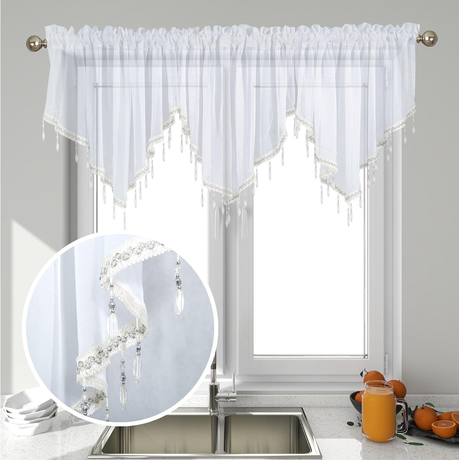 Kort gordijn - 3-delige Set Korte Vitrage Valance met Kralen Driehoek Design - Roede Insteek Stijl - Geschikt voor Keuken Woonkamer Badkamer en Slaapkamer - Wit - Formaat 130x60 cm - 3 Stuks