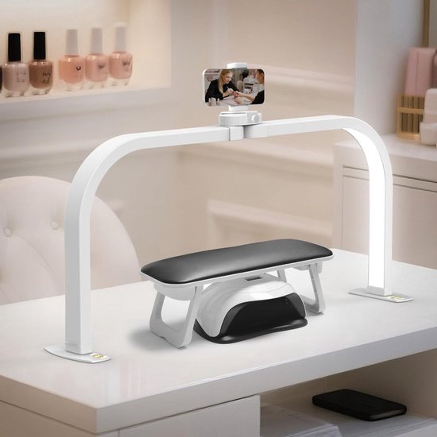 Omgoods - Halvemaanlamp voor nagels met telefoonhouder - Dimbare LED-tafellamp met 3 kleurmodi