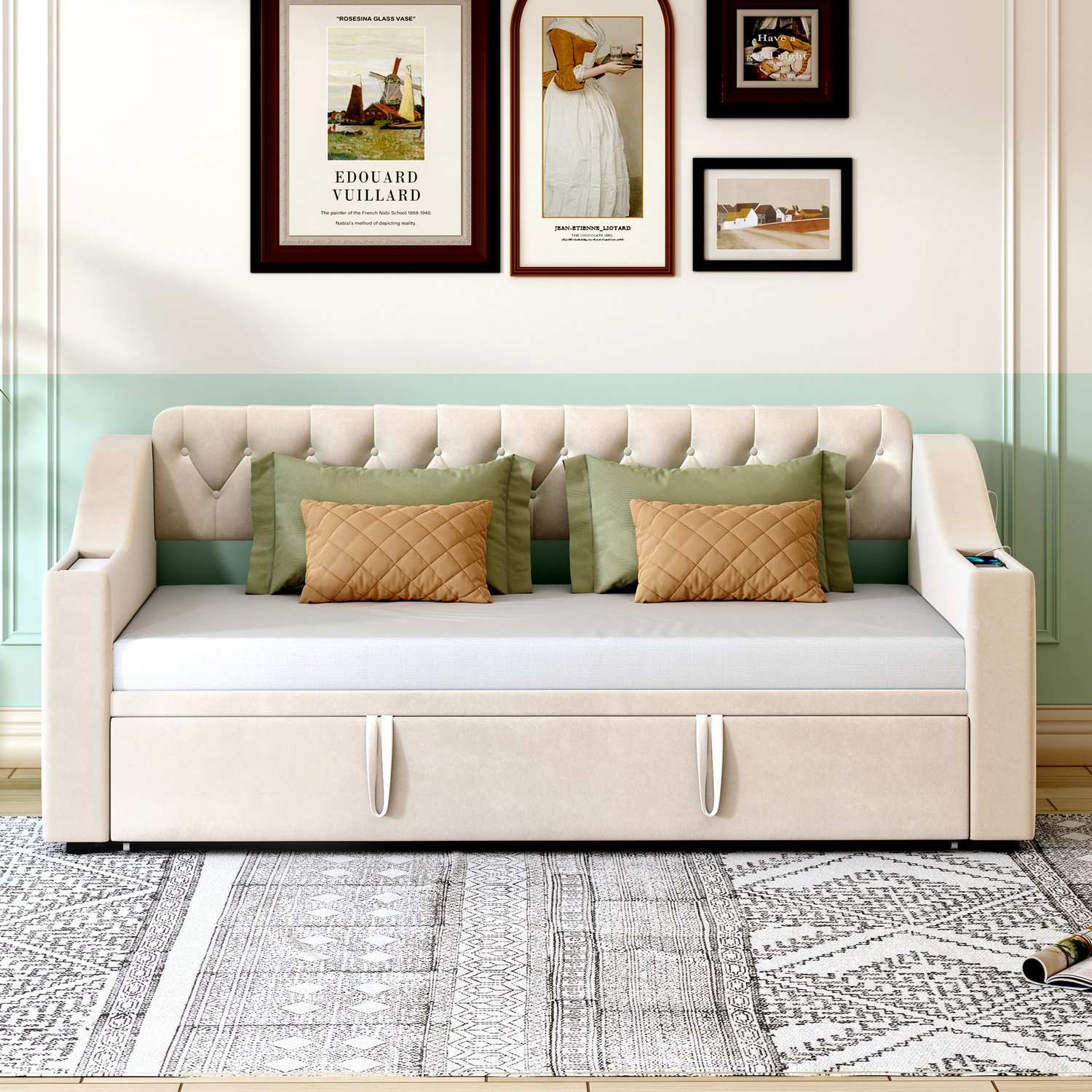 Merax Slaapbank 90x190 cm - armleuning met USB-oplaadpoort - met ingebouwde opbergruimte - met opbergvak - beige - zonder matras