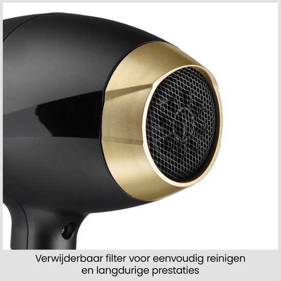 Detail van het afneembare filter van de BaByliss föhn met gouden rand voor eenvoudig onderhoud.