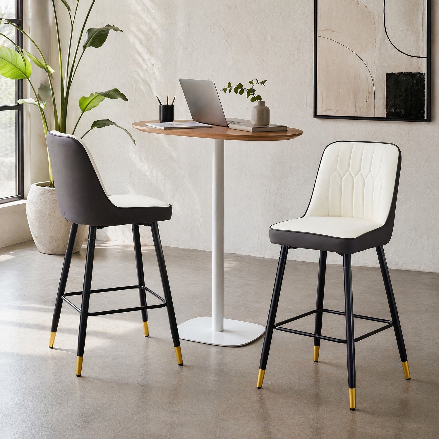 CHICFURN Barkruk - Set van 2 - Rugleuning - Voetsteun - Wit/donkergrijs