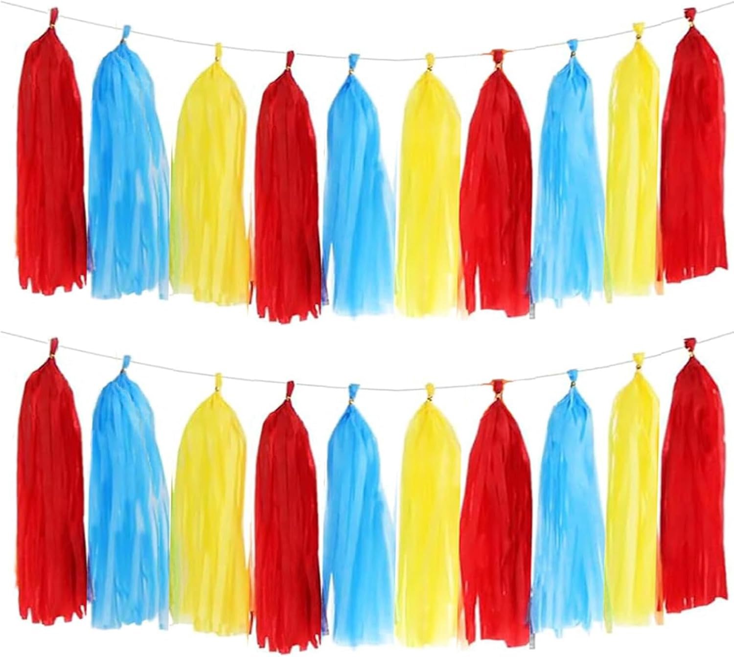 Zijdepapier kwastenslinger 30 stuks - rood + hemelsblauw + geel - decoratieve kwastjes - voor feestelijke gelegenheden - m-winkel
