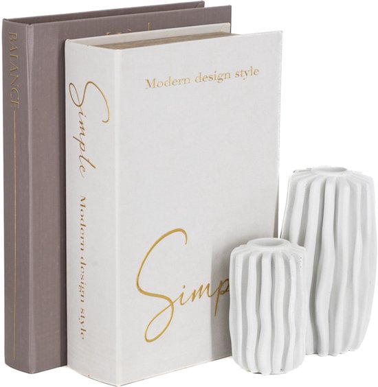 Twee decoratieve boeken 'Balance' en 'Simple' met twee witte, geribbelde vazen op een witte achtergrond.
