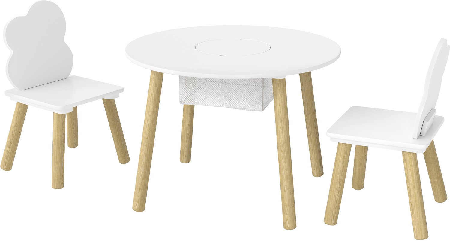 Playon Kindertafelset met 2 stoelen - Met opbergnet - Wolken-design - 60 x 60 x 44 cm - Wit/Natuur