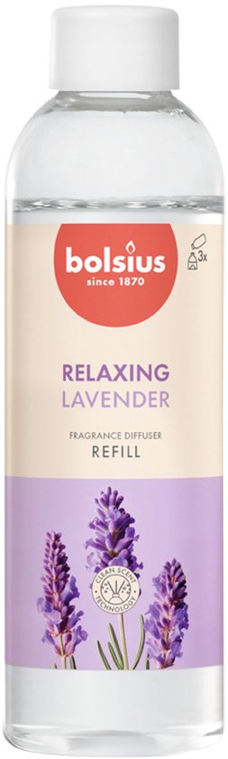 Transparante navulfles Bolsius geurstokjes Relaxing Lavender met lavendelafbeelding en witte dop.