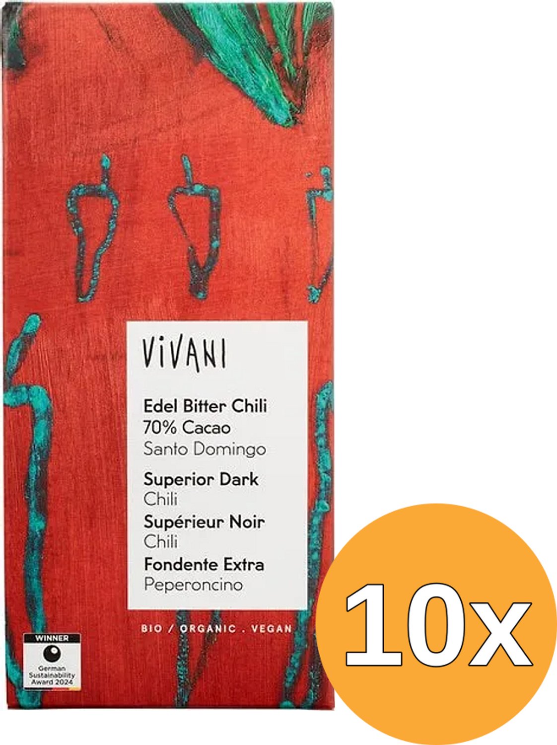 10x Vivani Chocolate Bar Superior Dark Chili 70% Cacao (80 gr)