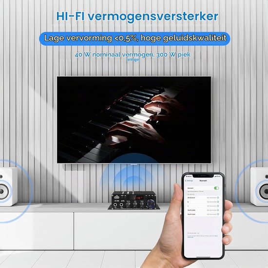 Mini Stereo Versterker 2.0 Kanaal - 80 Watt Uitgangsvermogen - Bluetooth 5.0 - Compact Formaat - Voor Home Audio En Karaoke — afbeelding 5