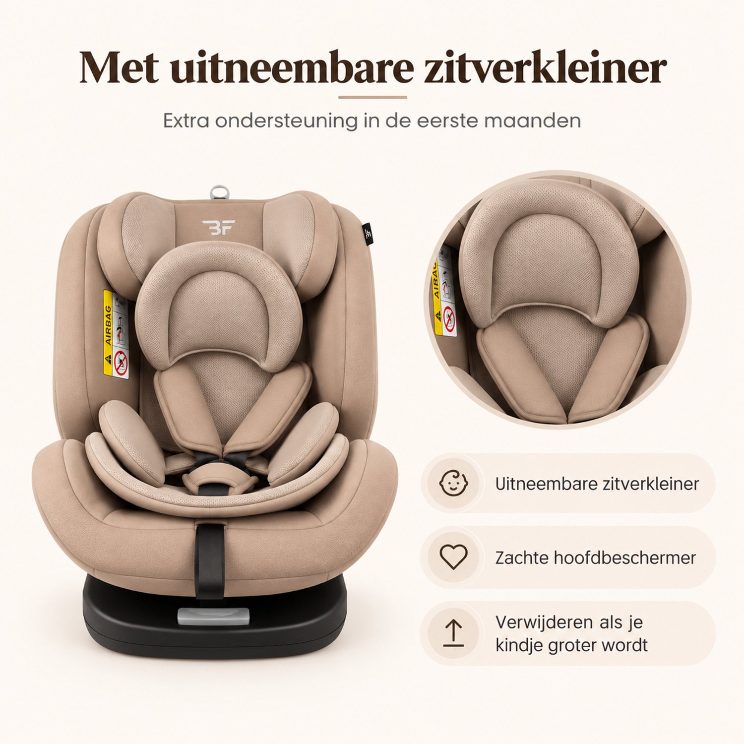 Bebies First Autostoel Kiddo I-Size 360° Draaibaar & Isofix Groep 0/1/2/3 (40-150 cm) - Beige thumbnail 5