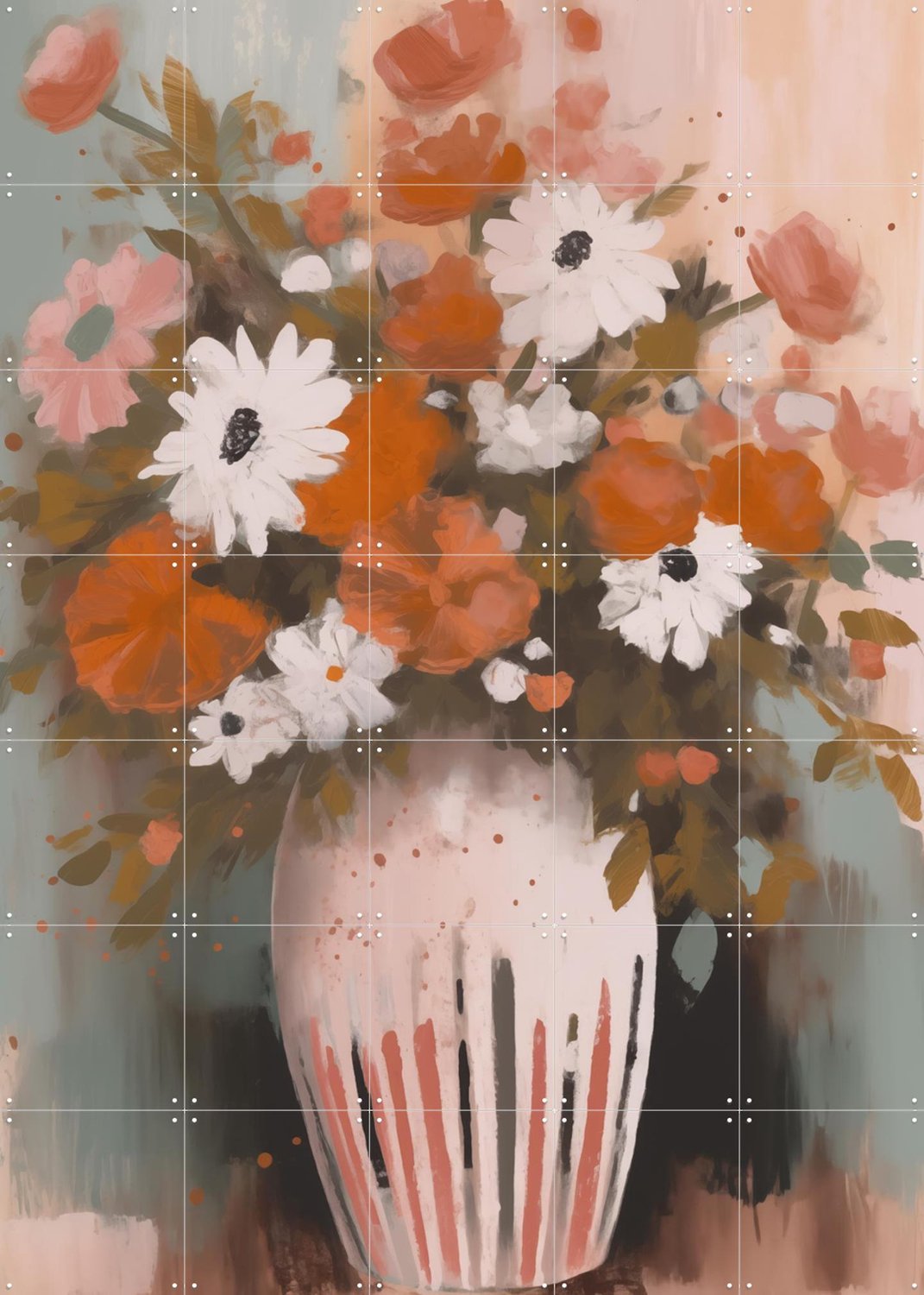 IXXI Vibrant Floral Vase, Andreas Magnusson & Various - 100 x 140 cm - Grote wanddecoratie en posters - Kwaststreken, Schilderijen, Woonkamer Roze / Oranje / Wit