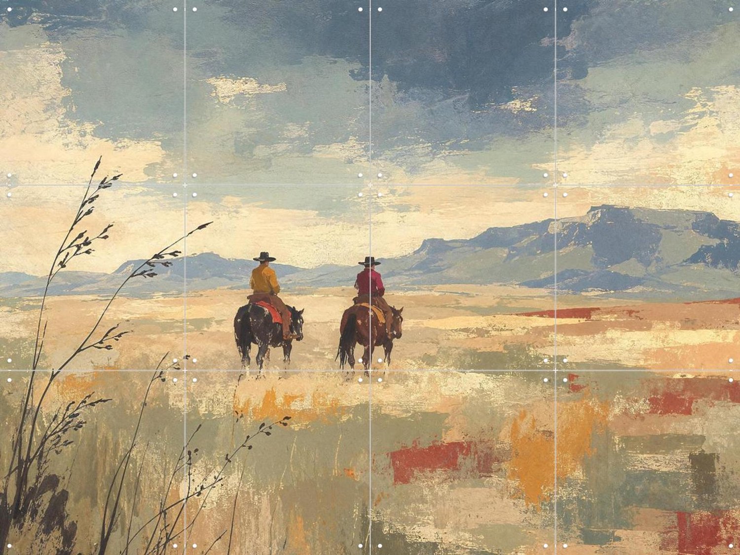 IXXI Cowboys te Paard op een Uitgestrekte Woestijnvlakte, Natalie Bruns - 80 x 60 cm - Grote wanddecoratie en posters - Naturalisme, Kwaststreken Blauw / Bruin