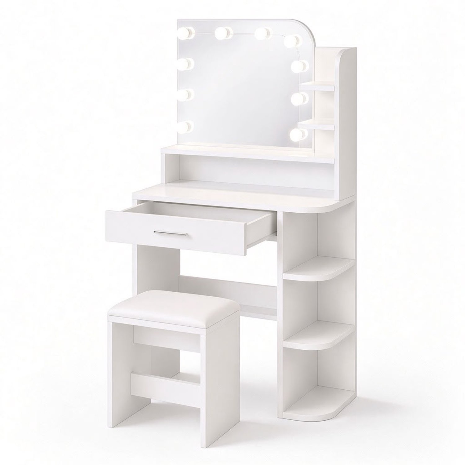 Atlasyx make up tafel - Kaptafel - Met spiegel en verlichting - Makeuptafel - Bureau - Met kruk - LED-licht - 67 x38x 136 cm - Wit