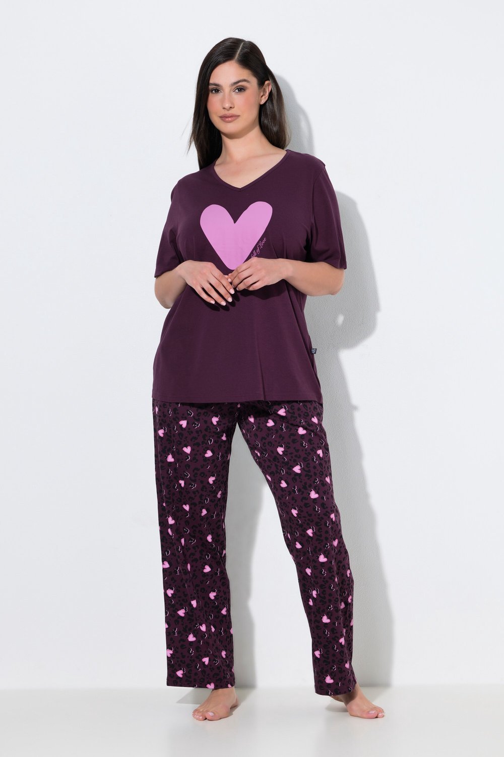 Ulla Popken - Dames - Pyjama harten V-hals korte mouwen - Donkerpruim - Maat 46+