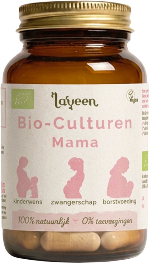 Bruine pot met een label met de tekst 'laveen Bio-Culturen Mama'. Drie silhouetten van zwangere vrouwen en baby's. 100% natuurlijk, 0% toevoegingen.