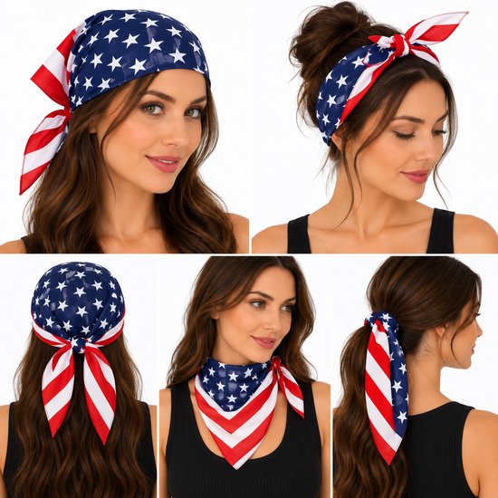 Haarsoires Bandana Zakdoek 55x55cm – USA Vlaggenprint – Rood Wit Blauw - Multifunctioneel Accessoire voor Haar, Festivals en Mode - One Size & Unisex