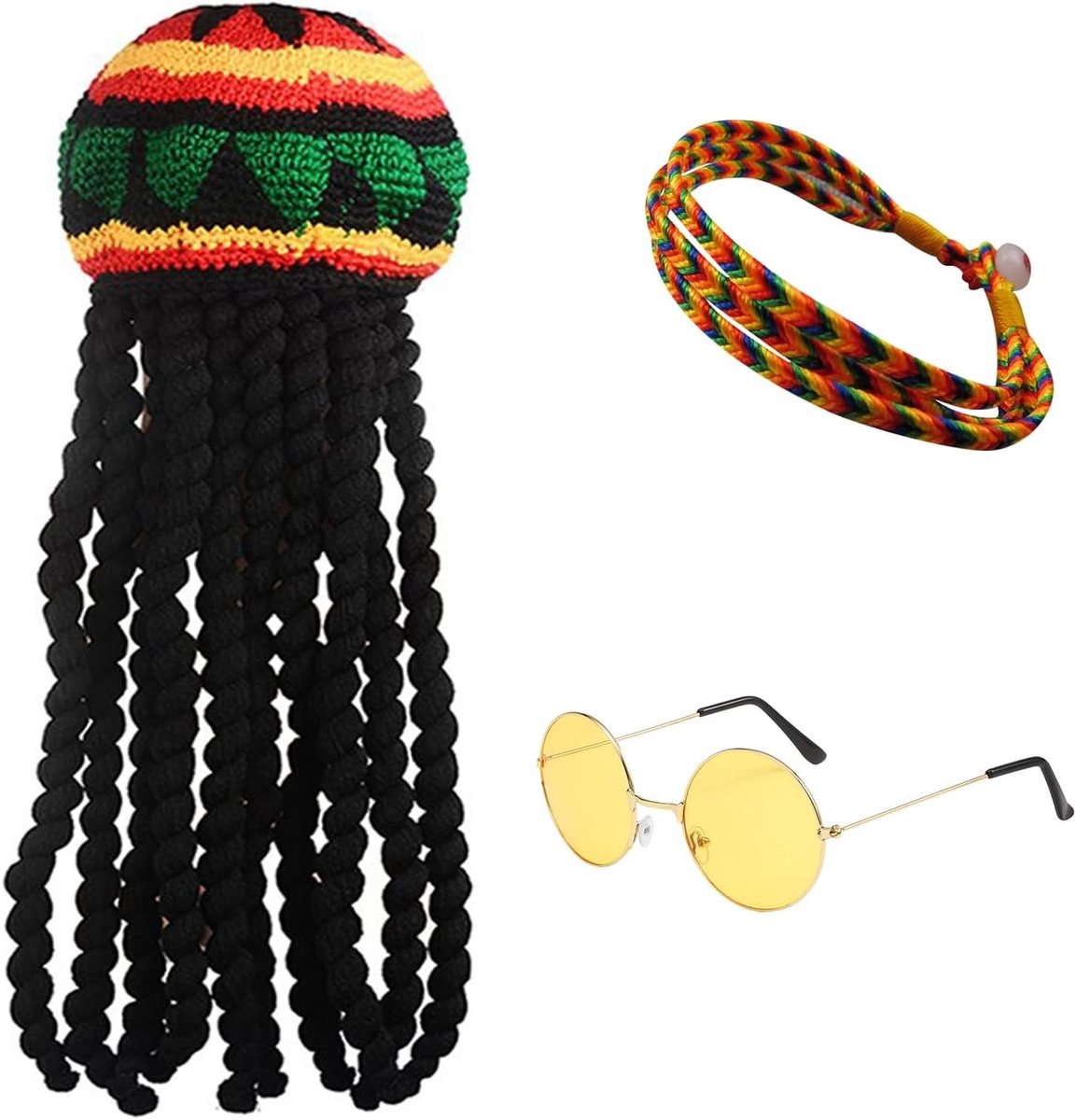 Langgevlochten hoed met bril en gevlochten armband, zwarte pruikcap, kostuumaccessoire voor feesten en cosplay evenementen