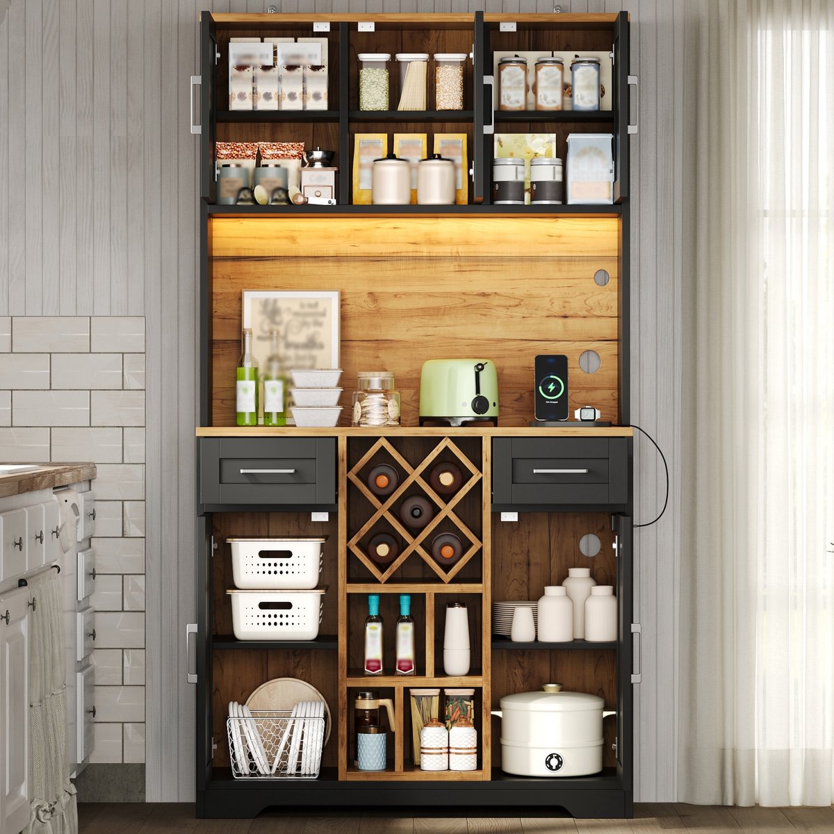 HAUSS SPOLE Keukenkast - Opbergkast Met Ledverlichting En Wijnrek - Voor Keuken Eetkamer En Woonkamer - Hout - 105x40x180 Cm - Naturel Zwart