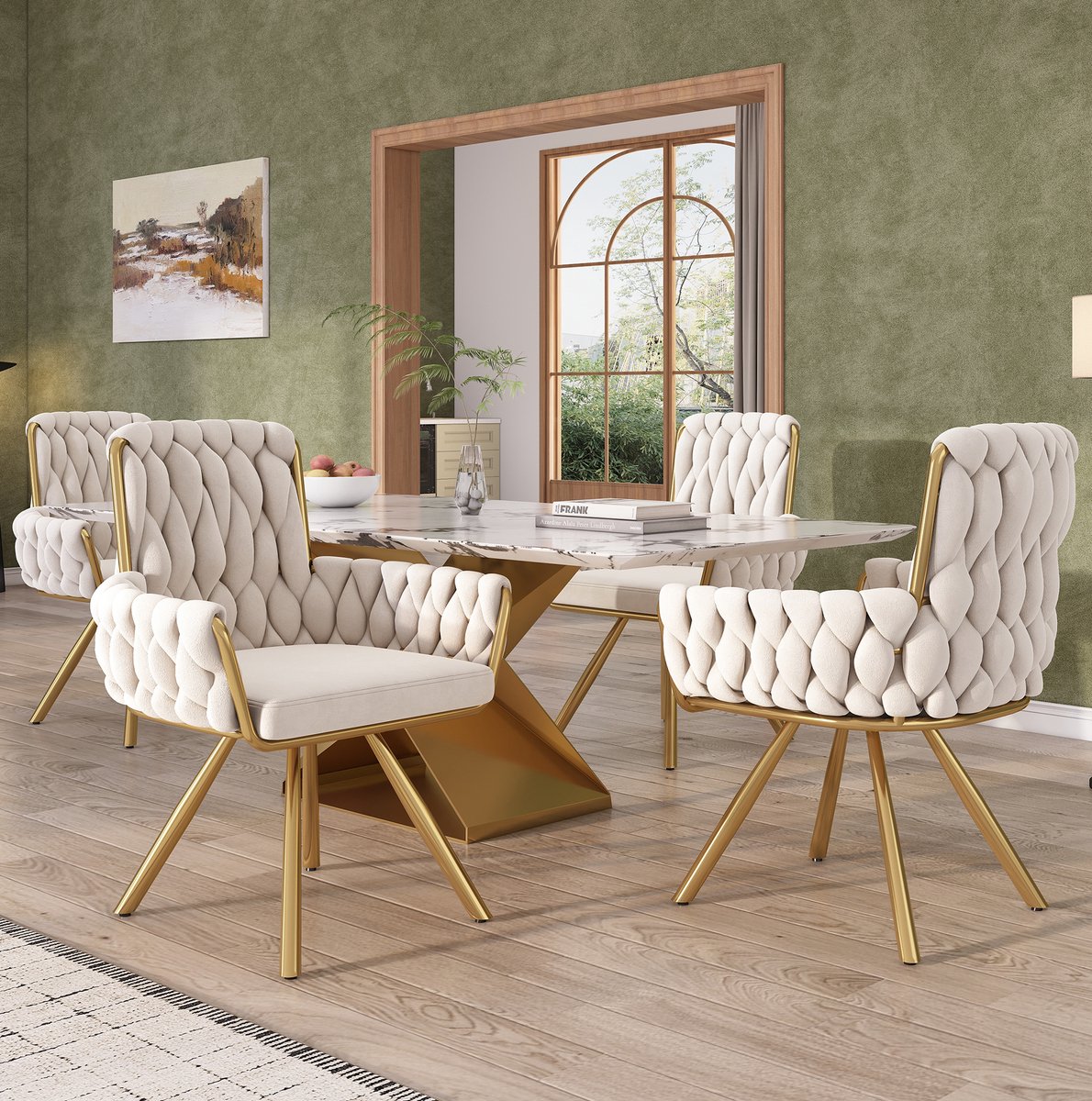 Eetkamerstoel Set van 4 – Draaibare Samt Stoel Met Armleuningen En Hoge Rugleuning – Voor Eetkamer En Woonkamer – Beige