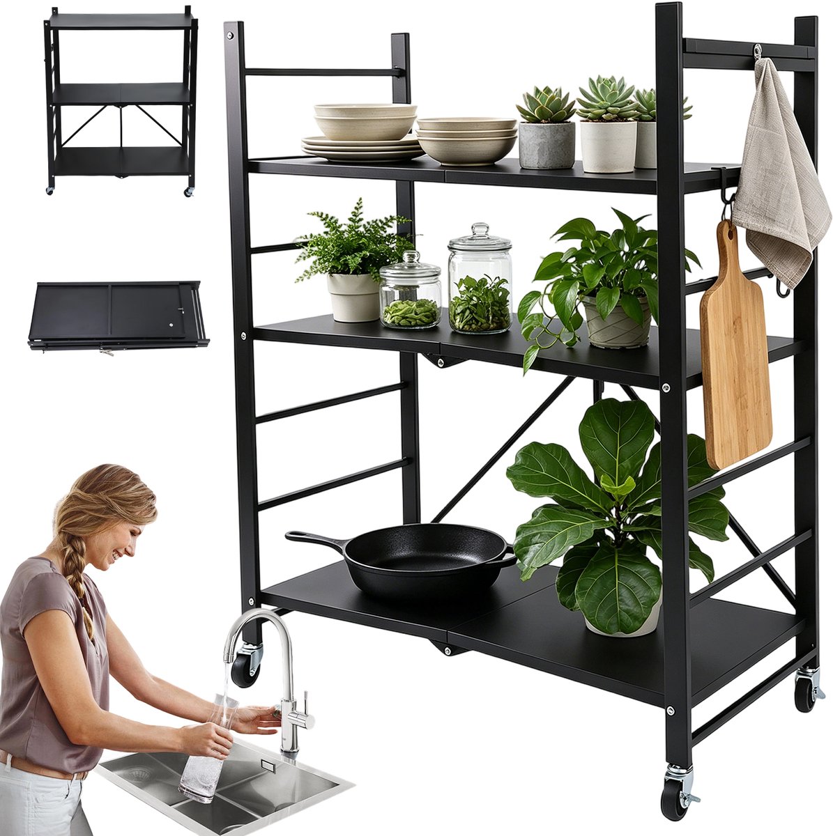 Inklapbare Stellingkast - Opbergplanken Op Wielen - Keukenrek - 3 Lagen - 360° Zwenkwielen - 2 met Remmen - 71x34x89 cm - Mobiel Opbergrek - Voor Keuken & Werkplaats & Magazijn