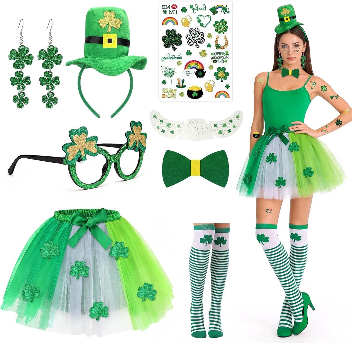 Vrouwelijk St. Patrick's Day Kostuum met Groene Tutu Rok, Hoed, Haarband, Klavertjes Oorbellen en Gestreepte Sokken voor Feestelijke Vieringen