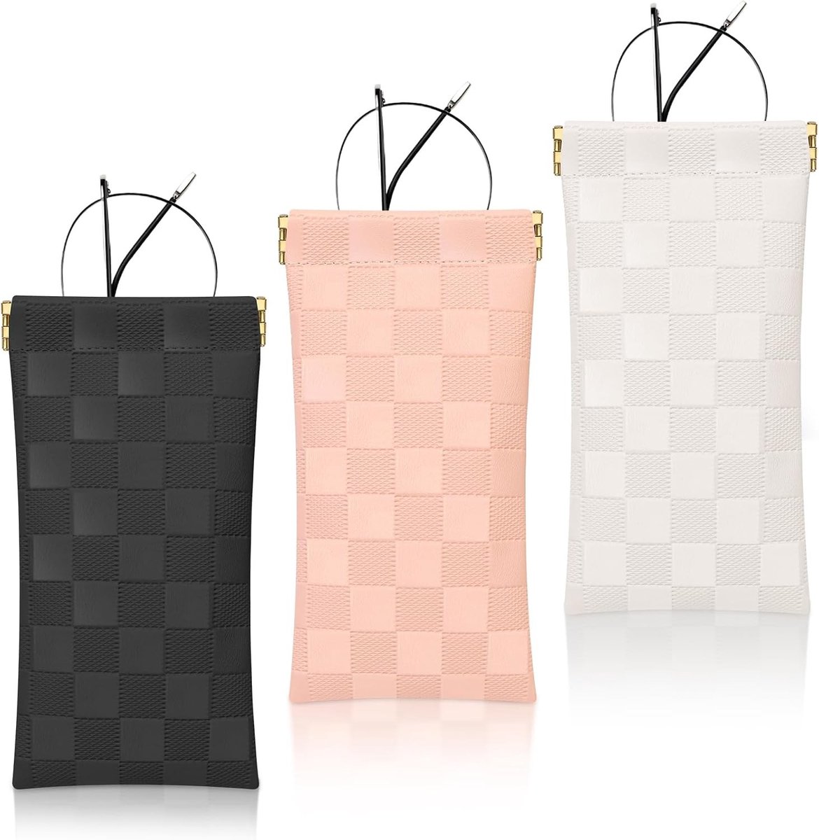 3-Pack Leren Brilhoes - Zachte Draagbare PU Etui voor Zonnebrillen - Slanke Reisbril Etui voor Vrouwen in Zwart, Wit en Roze, One Size