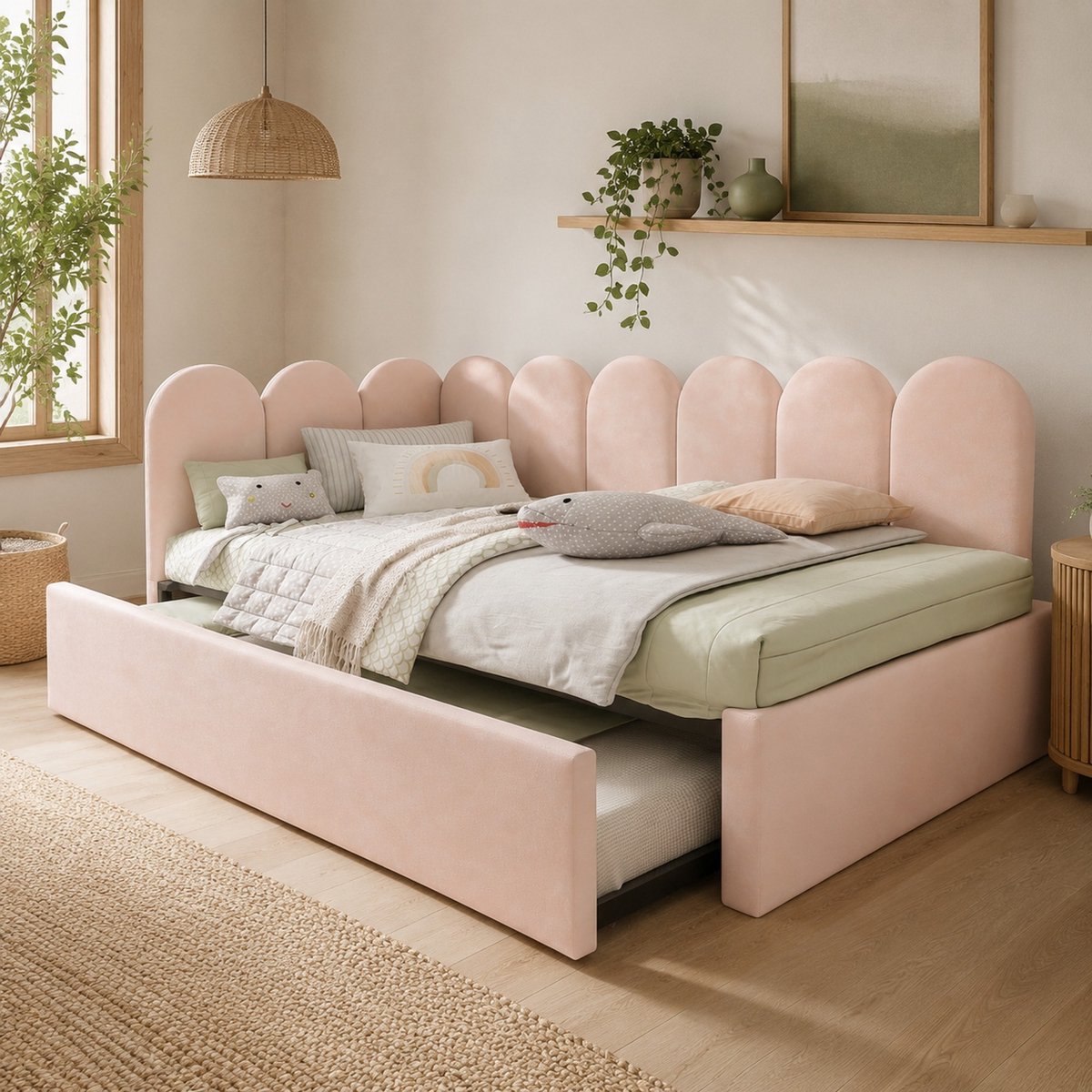 COVREO Daybed met uitschuifbed – 90x200 cm – Slaapbank met lattenbodem – Kinderbed voor kleine kamers – Roze - zonder matras Pink