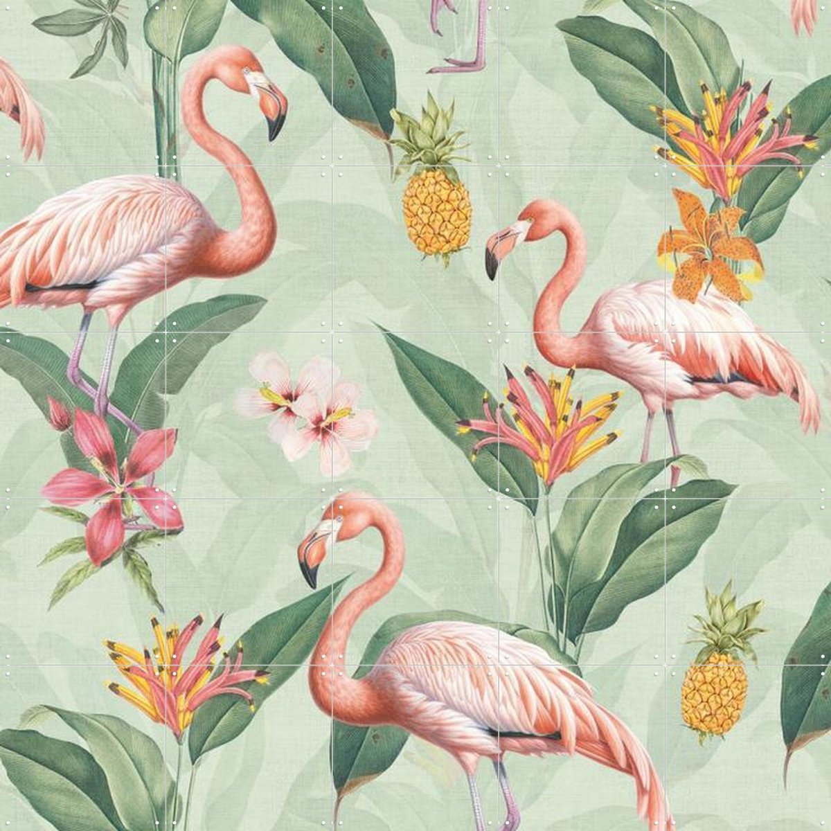 IXXI Tropical vintage flamingos and pineapples, Bloomery Decor - 100 x 100 cm - Gratis ophangtool - Grote wanddecoratie en posters