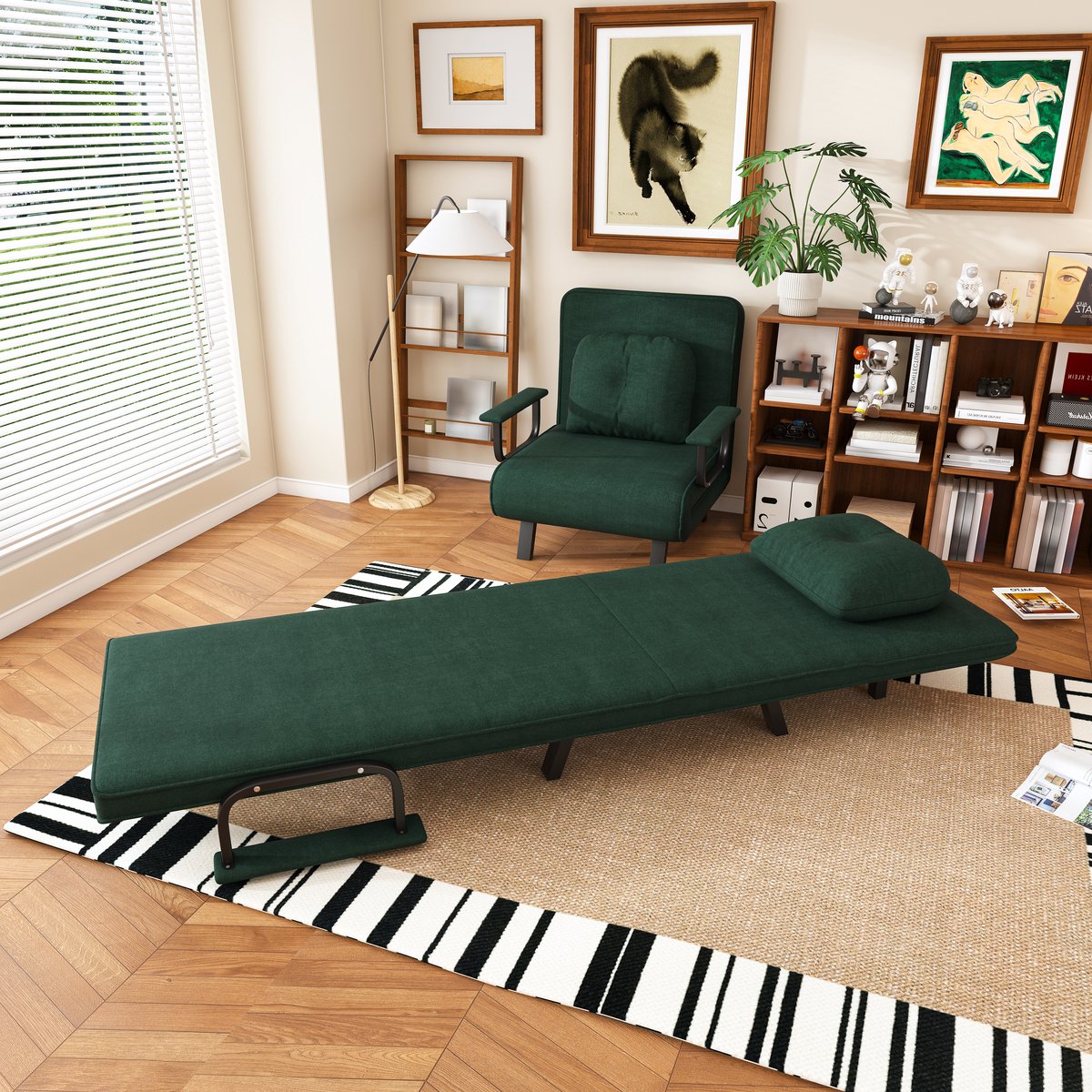 Relaxstoel met ligfunctie - 5-standig verstelbare rugleuning - 180° ligpositie - Uitklapbare steunen - Chenille bekleding - Donkergroen