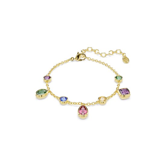 Bracelet doré orné de pierres colorées rondes et en forme de goutte, telles que violettes, vertes, bleues, roses et jaunes.