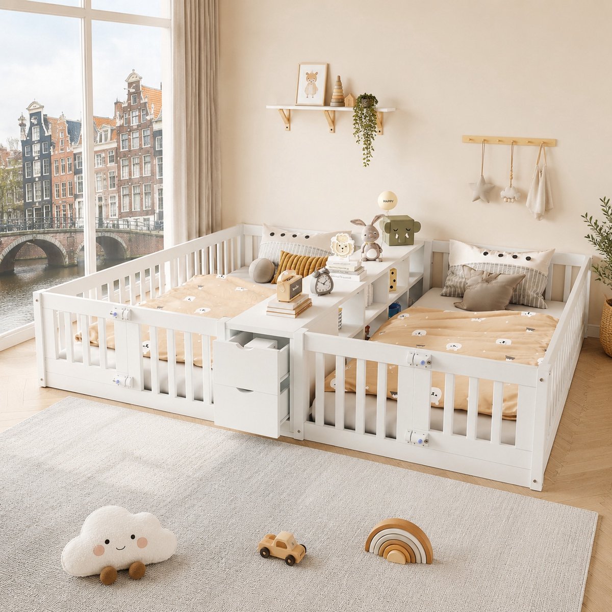 WUVRIE Kinderbed 90x200 cm met 2 slaapplaatsen, opbergvakken, 2 lades en veiligheidshekken, wit