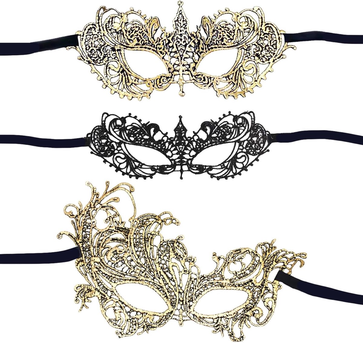 Set van 3 Elegante Kanten Maskers voor Feestjes, Carnaval en Verkleedpartijen met Openingen