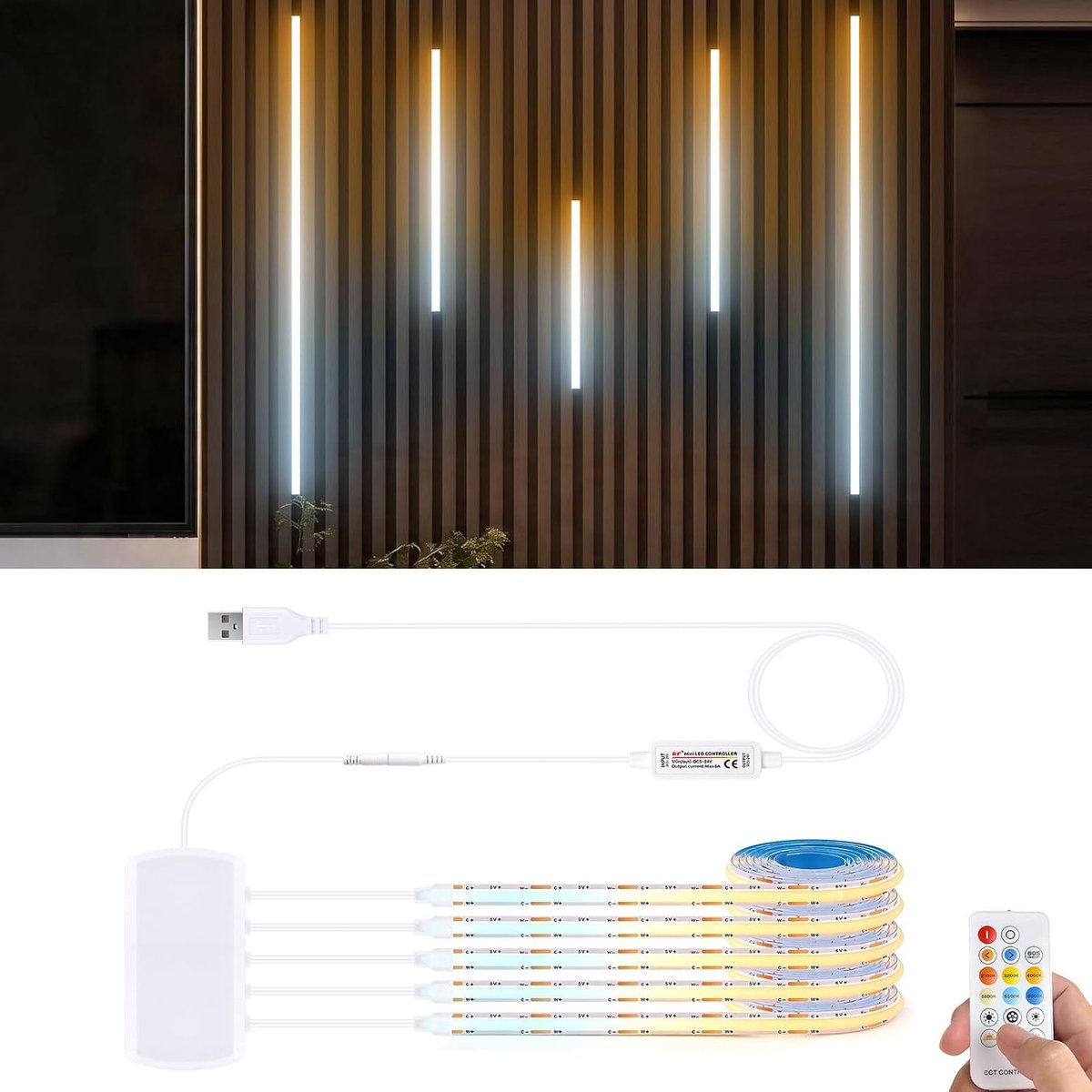 5 stuks 1M 2700K warmwit-6500K witte CCT COB LED-stripset, 5V USB COB LED-striplicht met afstandsbediening voor - ShopVlot