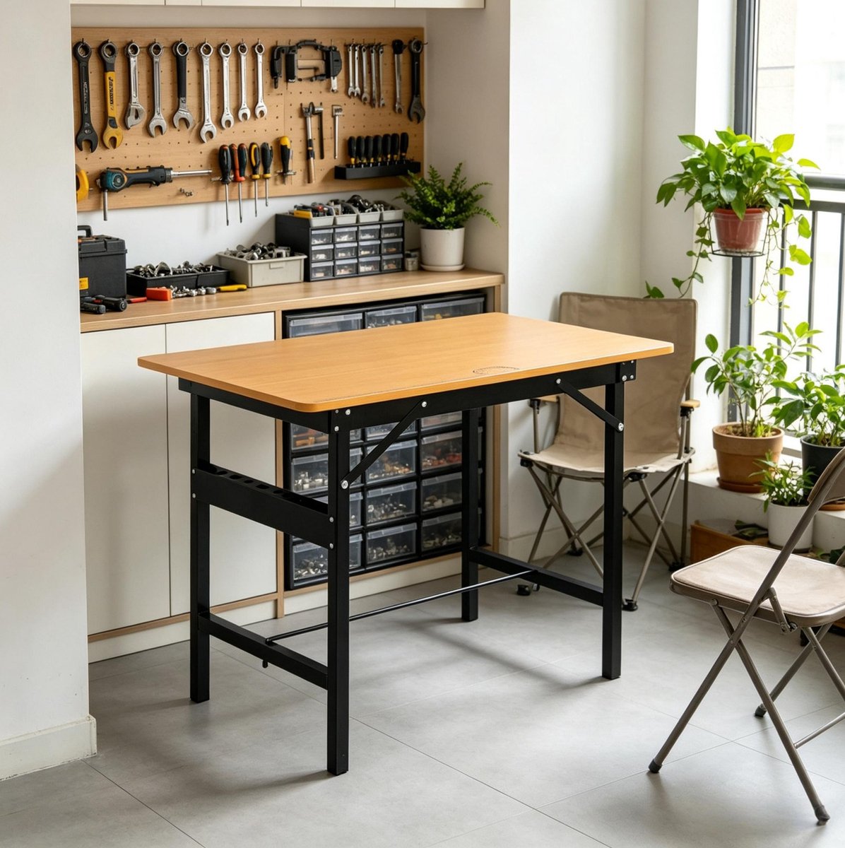 REDOM - Opklapbare werktafel - Met liniaal en gradenboog op het blad - Met opbergsloten in het frame - Voor doe-het-zelf en werkplaats - MDF en metaal - Zwart en Geel - 100 x 60 x 75,5 cm