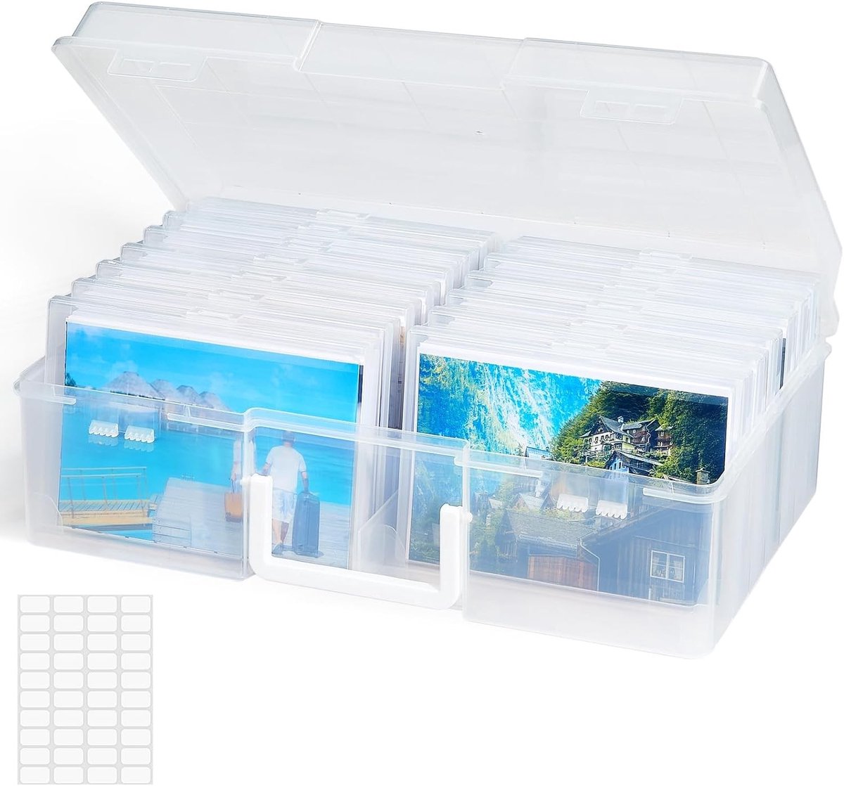 Fotoopbergdoos 35 x 19 cm, Foto-organizer met 14 vakken voor 10x15 cm foto's, Plastic opbergbox met etiketten