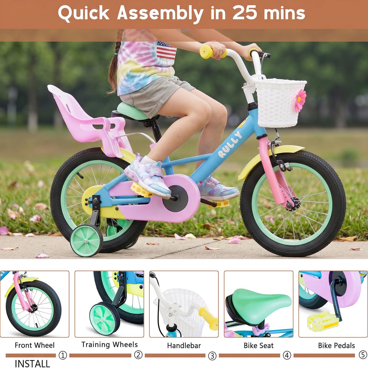RULLY 16 inch kinderfiets voor meisjes 4 - 7 jaar (41 - 53 cm) – kinderfiets met poppenzitje, steunwielen en - ShopVlot