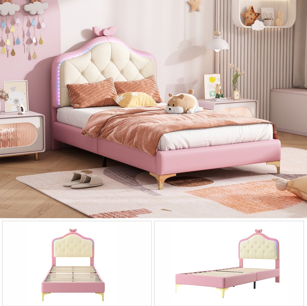 Gestoffeerd Eenpersoonsbed - Kinderbed Met LED Verlichting - Wolkvormig Hoofdbord - Houten Lattenbodem - 136 kg - Slaapkamer - 90x200 cm - Roze Wit- (zonder matras)