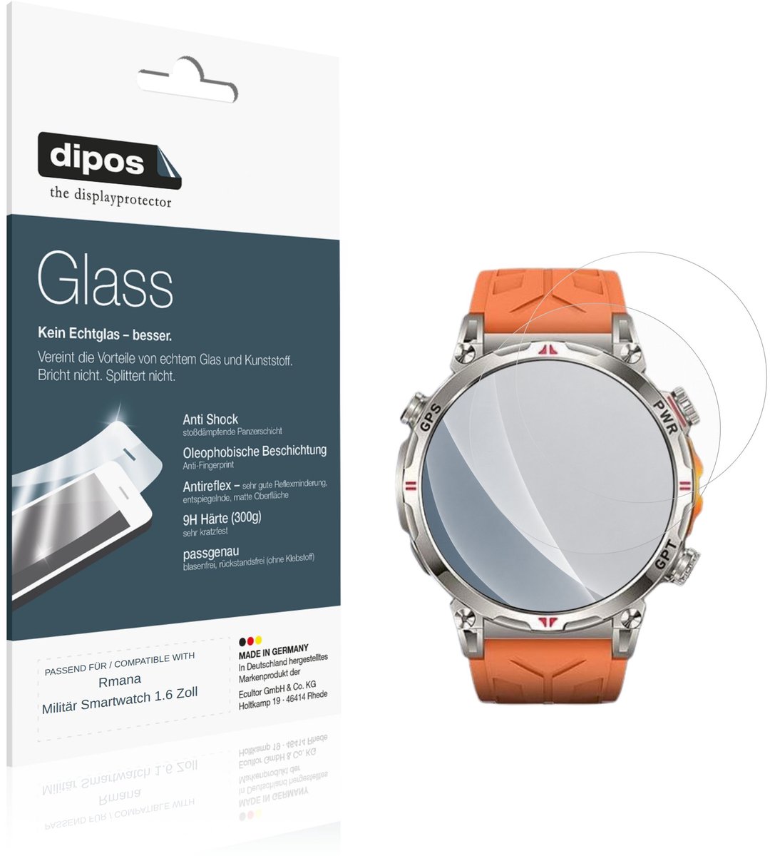 dipos – 2x Matte Pantserfolie geschikt voor Rmana Militär Smartwatch 1.6 Zoll | 9H Screenprotector