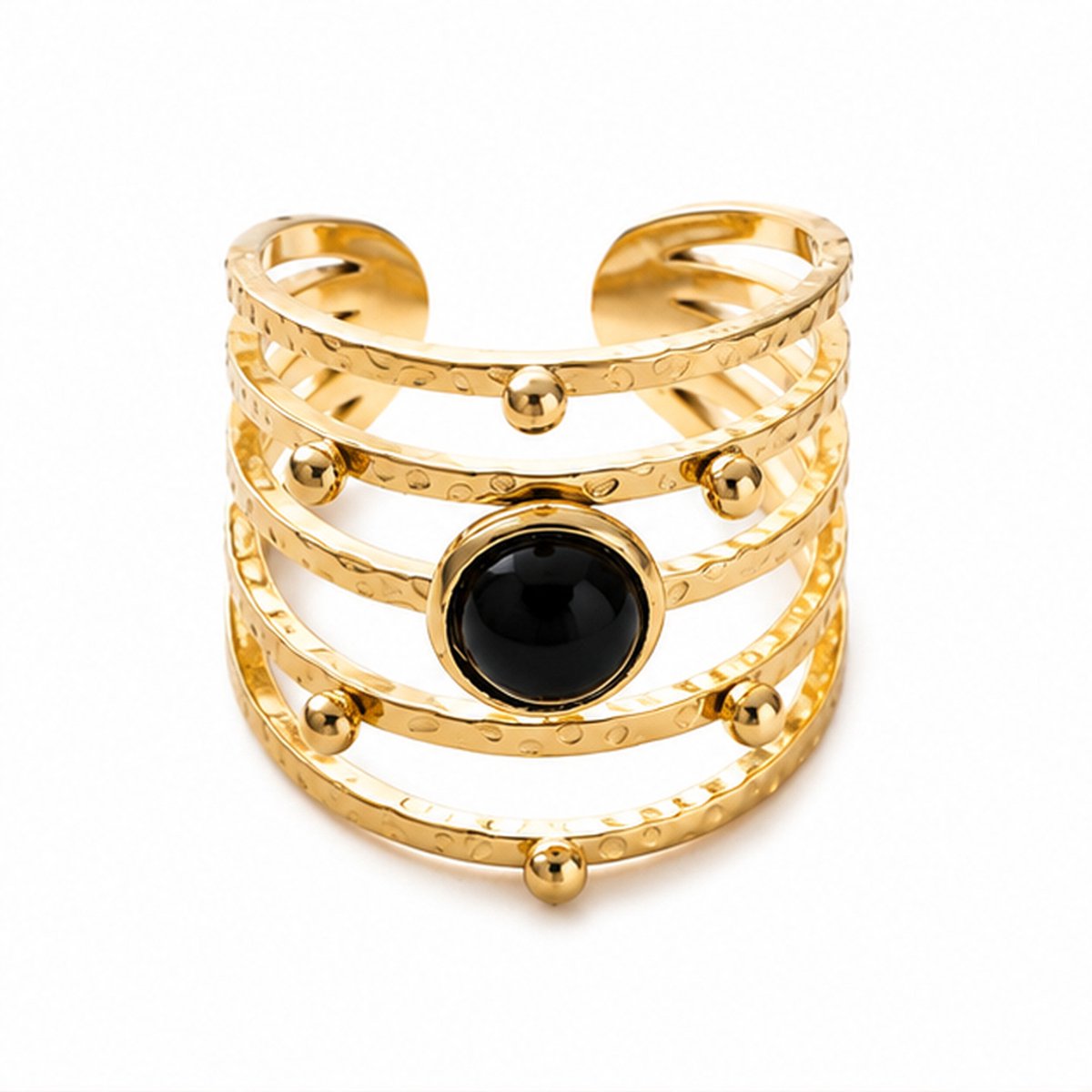 Deja Jewels - Dames ring - Goudkleurig edelstaal - Zwarte Cabochon
