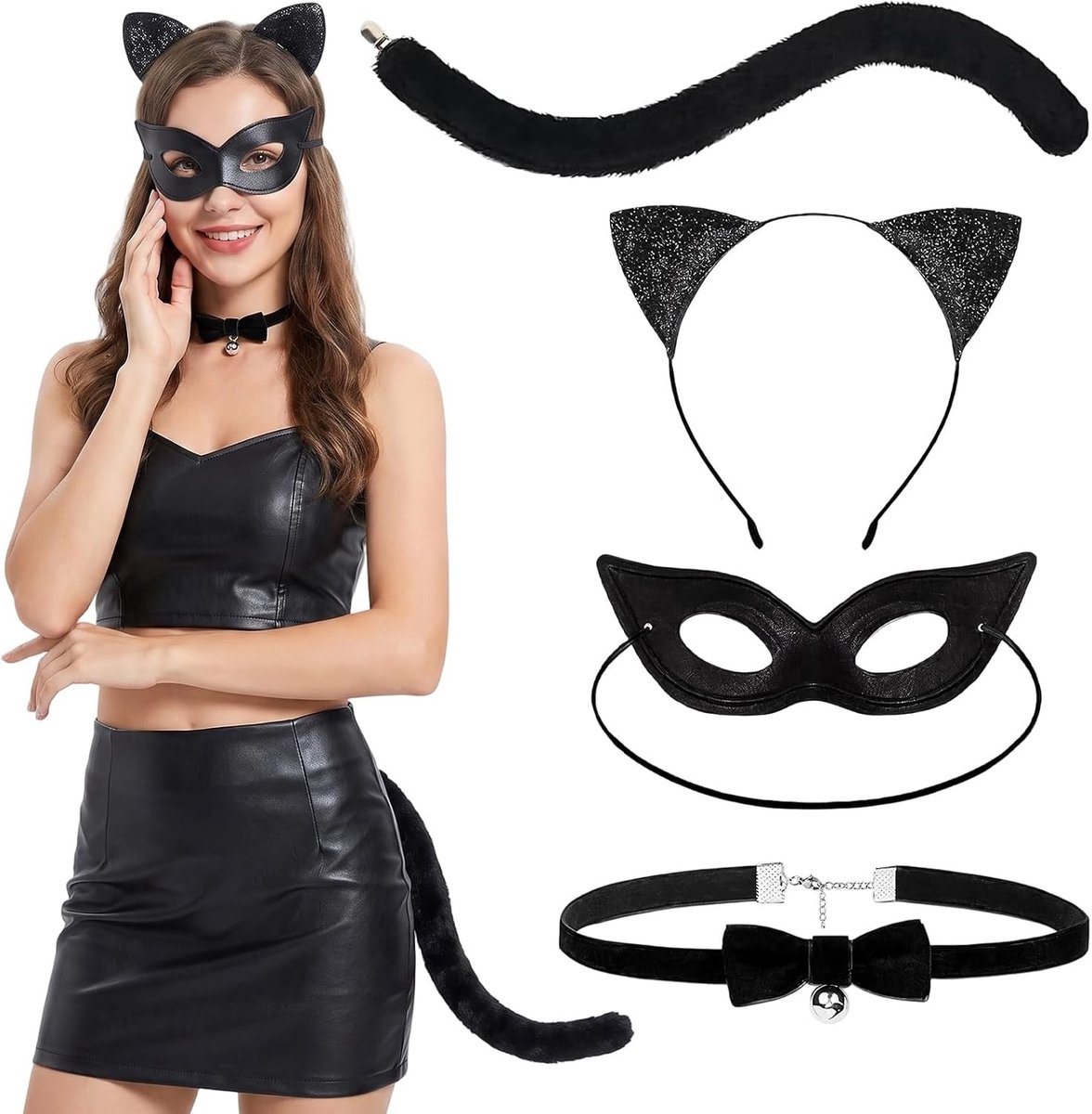 Kattenkostuum voor dames met accessoires voor Halloween en feestelijke gelegenheden, perfect voor een leuke uitstraling